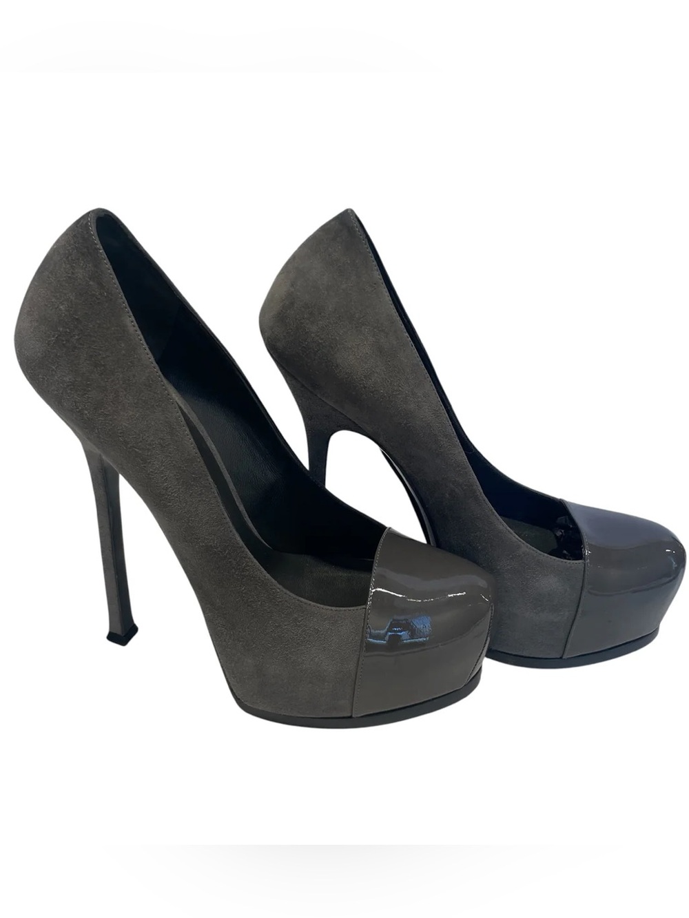 Yves Saint Laurent Gray Suede Platform Pumps with Patent Toe